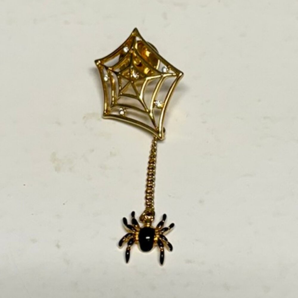VINTAGE Gold Spider Web Brooch/Pin with Hanging Spider - Picture 1 of 3